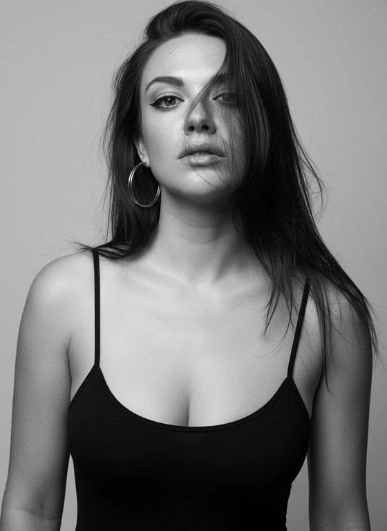 Создано с помощью сервиса Создать по своему фото и промпту

Промпт пользователя:
Внешность и причёску строго оставить, как на фото.
Это студийный портрет женщины, выполненный в стиле модной фотосессии. Фон однотонный, светло-серый. Атмосфера снимка – чувственная и немного драматичная. Цветовая гамма приглушенная, с преобладанием нейтральных тонов, черно-белая с серыми тенями.
На мне надет чёрный боди с тонкими лямками.
Кожа на шее слегка влажная, с заметным сиянием.

Поза женщины – прямо перед камерой, лицо слегка наклонено вниз, взгляд направлен в объектив. Несколько прядей волос падают на лицо, создавая эффект небрежности и дерзости.

#блондинка #чернобелое #женщина #студия #купальник #тренды #иисервис