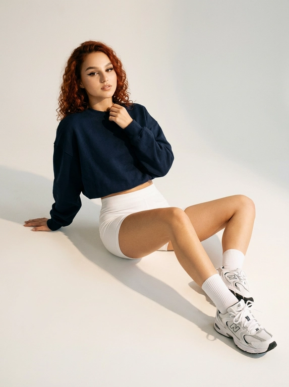 Не меняя внешность модели с фото, фотореалистичная студийная fashion-съемка на светлой минималистичной циклораме. На модели объемный темно-синий укороченный свитшот, короткие облегающие белые трикотажные шорты, белые носки средней длины и белые кроссовки New Balance. Эстетика спортивной editorial-съемки: чистое пространство, мягкий естественный свет с выраженными тенями на полу, лаконичная цветовая палитра, акцент на пластике тела, длинных линиях рук и ног, необычных позах, журнальная подача, естественная текстура кожи, теплый цветкор, легкое пленочное зерно. Полный рост. Модель сидит на полу циклорамы, опираясь на одну руку за спиной, корпус слегка отклонен назад. Одна нога согнута и подтянута ближе к телу, вторая вытянута вперед по диагонали. Свободной рукой она касается края свитшота у шеи, взгляд направлен немного в сторону. В кадре ясно видны объем свитшота, короткие трикотажные шорты, белые носки и кроссовки New Balance 530. Свет мягкий, с теплым оттенком, с глубокой тенью за фигурой.