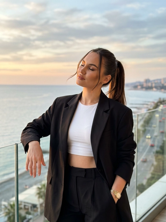 ultra realistic luxury sunset portrait of a woman standing on a balcony with ocean view,  candid instagram aesthetic, taken on iPhone 16 Pro Max. woman standing relaxed near glass railing, body slightly turned sideways, one arm resting on railing, eyes closed enjoying warm sunlight, elegant feminine posture.
outfit: oversized black blazer, fitted white crop top, elegant black trousers, luxury minimal jewelry and watch, classy old money aesthetic.
makeup: soft glam makeup with glowing bronzed skin, natural contour, sharp brows, long lashes, realistic skin texture and warm sunlight highlights.
lighting: warm golden hour sunlight, cinematic sunset glow, realistic natural shadows, soft highlights on hair and skin, luxury evening atmosphere.
background: ocean view, soft cloudy sunset sky, blurred city coastline and road below, cinematic depth, warm dreamy aesthetic.
camera: realistic iphone portrait shot, 50mm lens look, shallow depth of field, focus on woman with softly blurred background.
important: ultra realistic iphone photography, candid luxury influencer vibe, cinematic rich girl aesthetic, natural body proportions, realistic skin texture, film look, no overprocessed ai skin.

Какая будет прическа? : Волосы уложены в высокий хвост