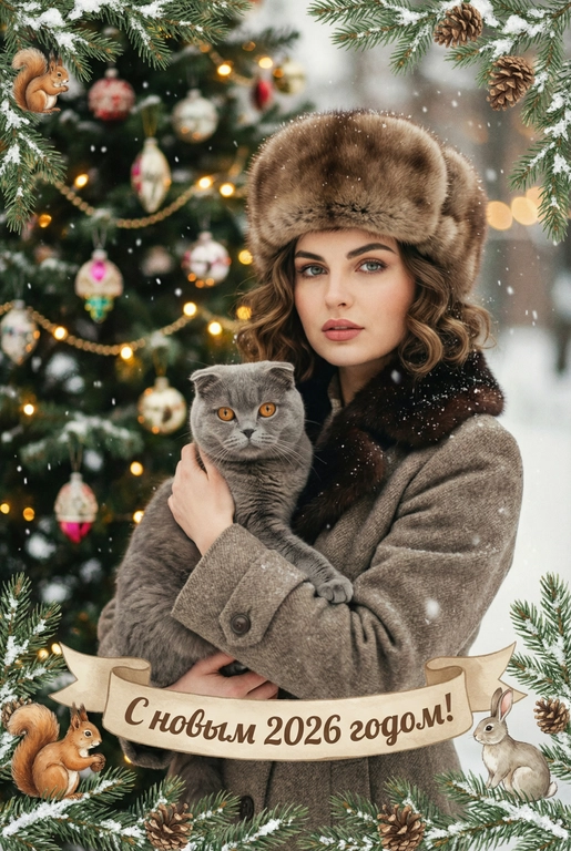   создай новогоднюю фотографию в стиле советского фильма: лица максимально похожи на исходное фото, на улице, в старой зимней одежде (пальто/шуба с меховым воротником, меховая шапки из ондатры или норки). Идёт снег. На фоне размытая украшенная советскими стеклянными игрушками ёлка с гирляндами и тёплыми огоньками. Внизу бежевая декоративная лента с надписью. Рамка по краям из еловых веток со снегом, добавить шишки, белочек и зайчиков. Атмосфера уюта и ностальгии, мягкие кистевые мазки, тонкая плёночная зернистость, мягкая глубина резкости. Надпись на ленте: "С новым 2026 годом!"