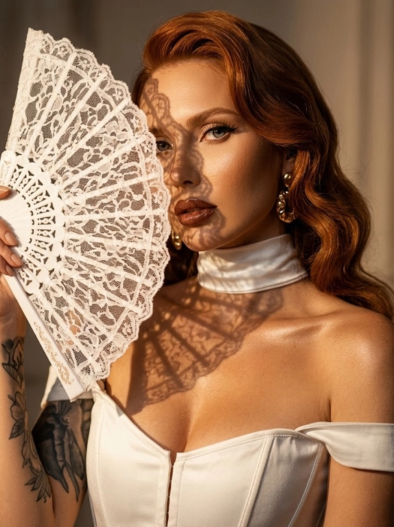 Ultra realistic beauty editorial portrait. Крупный портрет модели: лицо, шея и плечи, лёгкий наклон камеры. Белый кружевной веер частично закрывает лицо, создавая чёткие lace shadows на щеке, глазе, шее и ключице.
Белый структурный корсет с открытыми плечами и плотный satin neck wrap, плотно облегающий шею.  Макияж: sharp eyeliner, длинные ресницы, glossy brown lips, сияющая бронзовая кожа с натуральной текстурой.
Тёплый направленный свет, глубокие тени, золотистый glow, крупные золотые серьги, cinematic contrast, subtle film grain, Vogue aesthetic, RAW realism, ultra detailed 8K, no plastic skin.

Какая будет прическа?: Крупные мягкие голливудские волны, уложенные на один бок, элегантный glam-эффект.