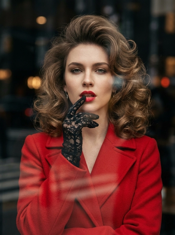 Фотореалистичный fashion-портрет женщины.
Элегантная, уверенная, кинематографичная съемка в стиле high fashion editorial.
Крупный портрет по грудь, легкий поворот корпуса, взгляд прямо в камеру, слегка приоткрытые ярко-красные губы, выразительный макияж с черной стрелкой eyeliner.
На ней ярко-красное пальто с плотной тканью и аккуратным кроем, образ роскошный, дерзкий и женственный.
Одна рука в черной кружевной перчатке поднята к лицу, пальцы слегка касаются подбородка и губ, создавая изысканную позу.
Украшения минимальные, небольшие элегантные серьги.
Съемка через стекло или окно, на переднем плане мягкие размытые отражения и легкие полосы стекла, как у уличной модной фотографии.
Фон темный, размытый, с мягким боке и атмосферой города, но без отвлекающих деталей.
Освещение мягкое, теплое, контрастное, с красивыми тенями на лице, skin glow, естественная текстура кожи, дорогой журнальный стиль.
Цветокоррекция: теплые глубокие оттенки, акцент на красный цвет пальто и губ, благородные темные тени, cinematic mood.
Фото выглядит как дорогая съёмка для модного журнала, ultra realistic, high detail, sharp focus on face, shallow depth of field, 85mm portrait lens, soft film grain, luxury editorial aesthetics.
Негативный промпт
искаженное лицо, другая личность, лишние пальцы, лишние руки, деформированные губы, кривые глаза, плохая анатомия, мультяшность, пластик, чрезмерная ретушь, низкое качество, размытое лицо, шум, пересвет, артефакты, лишние украшения, лишний фон, неестественная кожа, плохой макияж, кривой нос, неправильные пропорции, двойное лицо

Какая будет укладка?: крупные воздушные локоны, приподнятые корни и аккуратно оформленные пряди вокруг лица. Даёт более современный luxury-эффект.