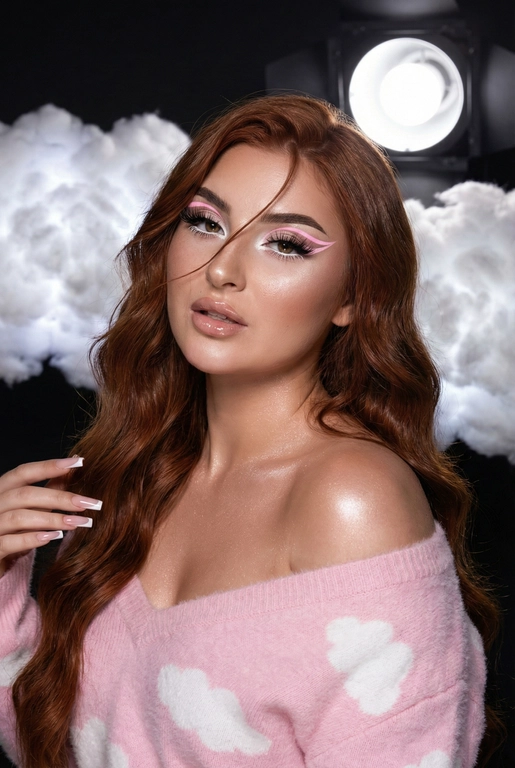 Крупный план лица девушки в стиле «высокой моды». Элегантный макияж глаза с длинными острыми нежно розовые двойные изогнутые стрелки, длинные густые ресницы эффект лучики, нижние густо ресницы накрашены белым и белый каял карандаш на нижнем веке белый Хайлайтер во внутренних уголках и скулах. Губы слегка приоткрыты в легкой ухмылке в легком блеске. Голова наклонена в сторону. На ней пушистый дорогой кашемировый нежно розовый свитер с белыми облаками плечи открыты.
За ней свисают объемные пушистые облака из ваты подсвеченные белым изнутри. Тело и декольте подсвечены хайлайтером и шиммером. Высокая детализация текстур кожи, одежды и волос. Черты лица-полностью сохранены как на референсном фото.
Ногти френч квадрат длинные.
На фоне светлая большая бьюти студия, вокруг темно, ее лицо освещено яркой лампой.  Волосы очень длинные блестящие прическа пляжные локоны. Локон волос падает на лицо 