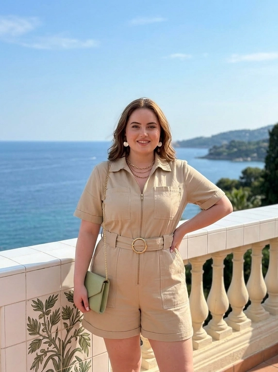 На фотографии женщина, стоящая на балконе с видом на море. Это модный снимок, возможно, кадр из фотосессии. Атмосфера светлая, солнечная, с голубым небом и легкими облаками. Цветовая гамма в основном светлая, с преобладанием бежевых, голубых и зеленых тонов.

Женщина одета в бежевый комбинезон с короткими рукавами и шортами. Комбинезон застегивается на молнию спереди и имеет накладные карманы. На талии широкий пояс с круглой пряжкой. Через плечо перекинута маленькая сумка-клатч светло-зеленого цвета на золотой цепочке. На шее несколько золотых цепочек разной длины, в ушах - крупные круглые серьги.

Женщина стоит вполоборота к камере, слегка наклонив голову. Одна рука находится на поясе, другая слегка согнута в локте и придерживает сумку. Выражение лица уверенное и непринужденное.

Фон – море, небо и часть балюстрады балкона. Балюстрада белого цвета с орнаментом из плитки с растительным узором. За морем виднеется зеленая полоса растительности.