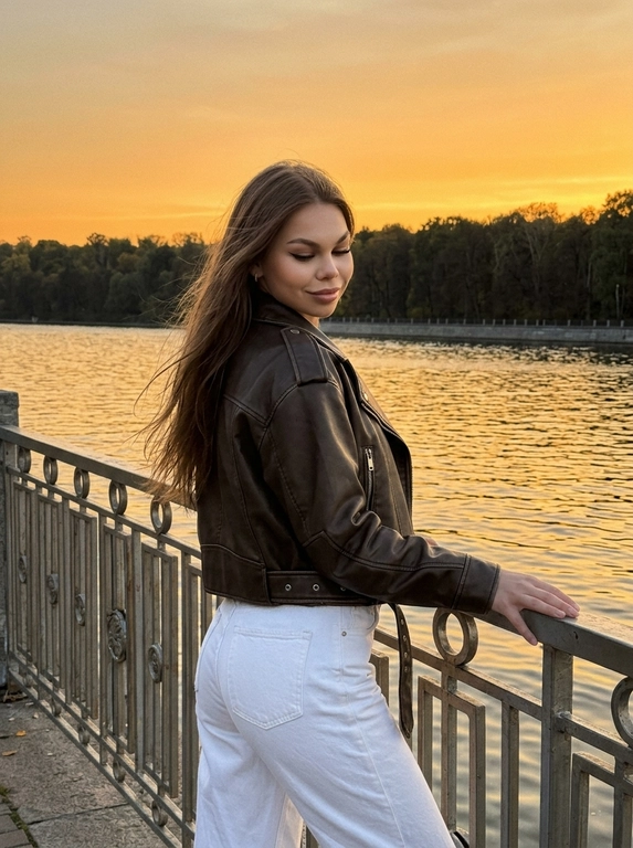 Женщина у перил на осенней набережной на закате