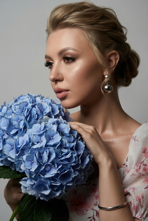 Создайте ультрареалистичный портрет, не меняя черты лица, крупным планом 3/4, с мягкой, освещённой кожей, атласной отделкой и естественным блеском, где женщина изображена в профиле. Спокойное и чувственное выражение лица, губы слегка полуоткрыты. Она носит серебряные серьги-шары и простой серебряный браслет на запястье.
Фон нейтральный, в светло-сером тоне, с тёмным, целенаправленным низким угловым освещением, которое подчёркивает контур лица, текстуру кожи и объём волос. Стиль редактирования — высокая мода, чёткий фокус 8K, реалистичная текстура, изысканная и элегантная атмосфера.


Как на фото

Цветы: Держит в руках огромный букет голубых гортензий