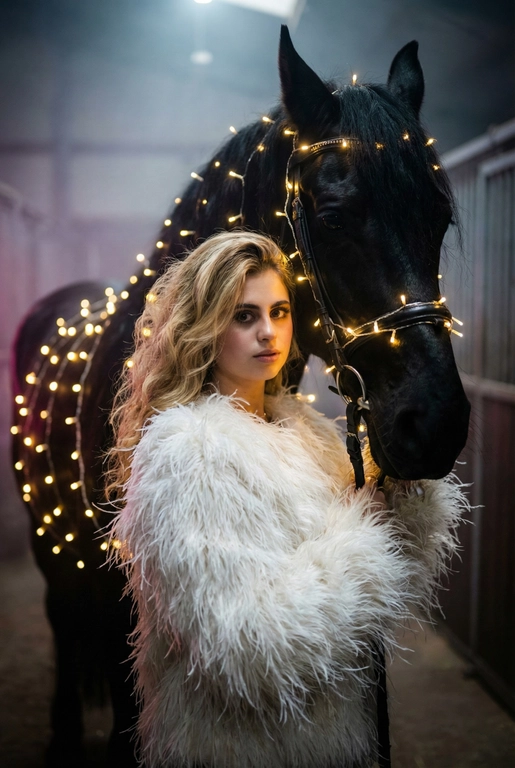 Создай крупный портрет, не меняя черты лица. Фотография в стиле высокой моды. Женщина, одетая шубу из пера страуса. Она стоит рядом с вороной лошадью, которая полностью обвита светящимися теплым светом гирляндами. Гирлянда также идет поверх узды.  Освещение драматичное, кинематографичное, с  неоновым свечением и легкой дымкой на заднем плане в конюшне . Высокая детализация, 8k, профессиональная съемка. Лицо девушки освещено мягким теплым светом. Глубокие тени, туман, мистическая и сюрреалистичная атмосфера. Фото на камеру 35mm, малая глубина резкости. Цвет шубы - белый, волосы распущены 