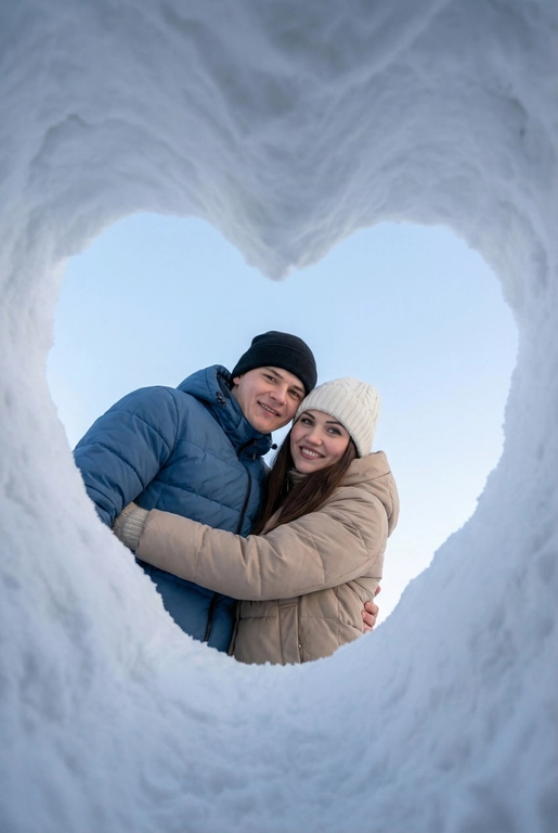 Фотография этой пары, снятая снизу вверх через отверстие в снегу в форме сердца. Камера находится в снежной нише, края кадра — плотный белый снег, образующий чёткое сердце. В центре кадра двое человек из референса, обнимающие друг к друга, смотрят прямо в камеру. Люди одеты по-зимнему.   Их одежда стильная и современная. Они улыбаются, лица хорошо видно. 
Фон — чистое светло-голубое зимнее небо без облаков. Естественный дневной свет, мягкие холодные оттенки, высокая детализация снега и ткани одежды. Атмосфера — уют, любовь, спонтанный зимний момент. Реалистичная фотография, без искажений лиц, фокус на людях, эффект живого кадра, как с экшн-камеры или смартфона, вертикальный формат. Женщина одета в бежевую куртку и белую шапку, мужчина в синий пуховик и черную шапку.