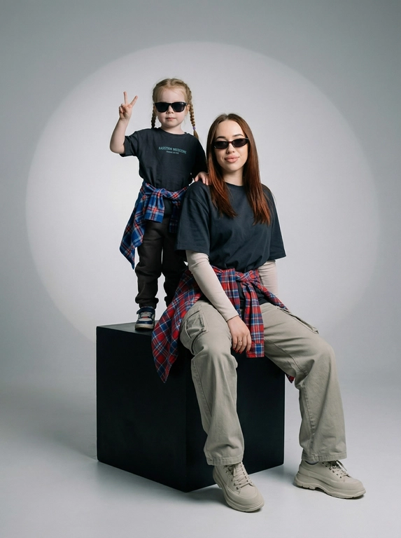 Photorealistic studio portrait photography in minimalistic fashion/editorial aesthetics, static camera at chest level of a seated person, light frontal angle without noticeable perspective deformation; composition with two characters: an model sits on a large matte black cube, body slightly turned towards the camera, knees bent, feet on the floor, the arms are lowered and relaxed in front of the knees, the fingers are neatly extended; the child stands on the same cube behind and to the left, at full height, one hand raised with a "V" gesture, the other lowered, pose confident and playful; both wearing narrow dark sunglasses, gaze directed at the camera; shooting plan — full height for both with a small supply of air above and below, center the center of the frame is shifted to the right to a sitting figure, a standing child balances on the left; the lens is normal/short portrait 50-70 mm, without width; aperture is approximately f/5.6–f/8, moderate depth of field, both characters are sharp, the background is slightly soft; the studio lighting is soft, with one key source on the front left at a level just above the head (softbox), giving smooth transitions and a pronounced but soft shadow against the background on the right; light filling light from the front reduces contrast, shadows are readable; the background is a smooth, light, seamless cyclorama/wall with a noticeable large oval light spot (gradient) in the center, there is a darker vignetting around, a clean minimalistic studio without props; the mood is calm, stylish, slightly retro, with an emphasis on street fashion and family vibe; the expression on the face of the seated model is a soft smile, relaxation; the person standing has a confident neutral facial expression; clothes: the seated model has a dark oversized T-shirt with a large rectangular print on the chest, under it a light longsleeve with long sleeves, wide dark cargo trousers/joggers with pleats at the knees and bottom, a plaid shirt/flannel tied at the waist with a knot, massive light sneakers with a pronounced sole and mesh texture; the child has a dark T-shirt with a large inscription on the chest, dark trousers, a plaid shirt tied at the waist, sneakers in two colors; fabrics with a realistic cotton and flannel texture, noticeable fine folds, natural creases on the knees and in the waist area, matte surfaces without gloss; micro-details: natural skin texture without plastic, neat glare on the lenses of glasses, a clear contour of the shadow from the raised hand on the background, clean floor and soft drop shadow from the cube; high detail, natural sharpness, light grain like a film shot, moderate contrast, soft matte/film look, no HDR, no overexposure and no unnecessary objects.

Какого цвета будут рубашки на поясе?: Красный и синий.