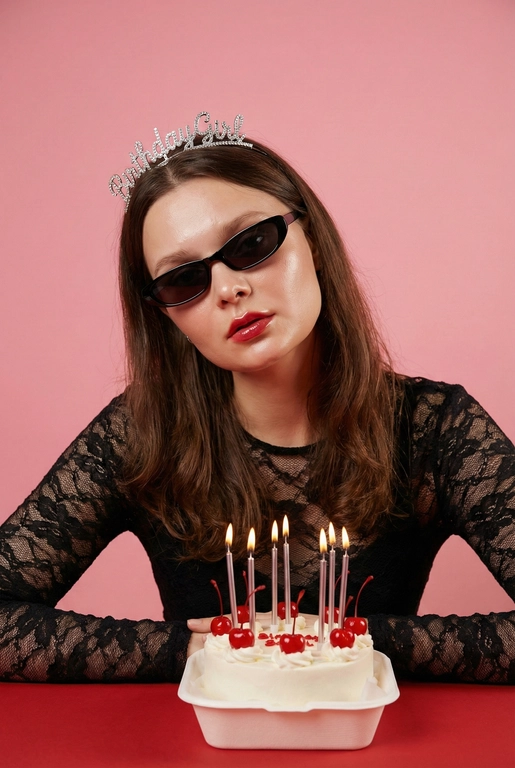Стильная fashion-фотосессия в студии с розовым фоном. Женщина сидит за красным столом, перед ней белый маленький бенто-торт с вишенками.  На торте тонкие серебристые зажженые свечки. Она в чёрном кружевном топе с длинными рукавами. На голове диадема с надписью “Birthday Girl”, на глазах чёрные узкие солнцезащитные очки. Макияж глянцевый, акцент на губах, чёткий контур, ухоженная кожа.
Женщина слегка наклонила голову в сторону, смотрит в камеру. Настроение кадра — дерзкий день рождения, fashion editorial, ironic glamour. Мягкий студийный свет, ровное освещение без жёстких теней, высокая детализация кожи, чистая композиция. Крупный план / средний план, фокус на лице, без искажений. Профессиональная фотосъёмка, модная журнальная эстетика.
