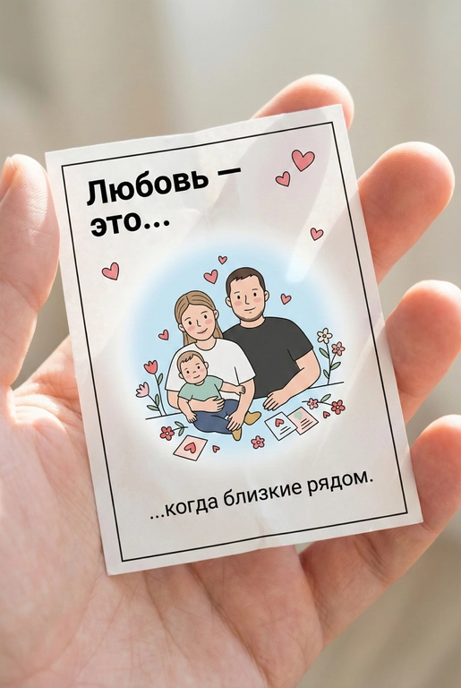 Сгенерируй фотографию крупным планом, сделанную при естественном освещении. В кадре видна рука, держащая небольшой бумажный вкладыш (наклейка) как из упаковки жевательной резинки. На пакетике напечатан рисунок (иллюстрация). Вкладыш (наклейка) немного помят. Акцент на вкладыш (наклейку). 

Описание вкладыша (наклейки):
Чистый белый фон. Тонкая чёрная рамка по всему периметру наклейки.
В левом верхнем углу крупная надпись чёрным шрифтом: «Любовь — это…»
Вокруг — небольшие розовые сердечки, минималистичные, аккуратно расставленные.

В центре — небольшая иллюстрация: мягкие линии, простые формы, мультяшные пропорции, пастельные цвета. Романтическая минималистичная cartoon-иллюстрация.

Нежная романтичная сцена. 

Персонажи иллюстрации: мужчина и женщина — это реальные люди с загруженной фотографии или фотографий. Использовать ТОЧНОЕ сходство лиц с реальными людьми с загруженного фото или фотографий:
узнаваемые черты лица, форма глаз, носа, губ, без изменения внешности, приоритет портретного сходства.
Иллюстрация должна быть выполнена по их внешности, с сохранением узнаваемости лиц, причёсок и пропорций.

За ними — мягкое размытое бледно-голубое световое пятно, пастельный градиент без резких краёв. Создаёт тёплый фон и визуально выделяет иллюстрацию.

Сюжет иллюстрации визуально отражает смысл подписи. 

Под иллюстрацией — подпись чёрным шрифтом, как в оригинальных вкладышах жвачек. 

Общее настроение: романтика, нежность, уют, ощущение влюблённости и лёгкой сказки.
Стиль — без реализма, с наивной и трогательной подачей. Сюжет: молодая светловолосая девушка с распущенными волосами, темноволосый мужчина среднего телосложения и ребенок мальчик в повседневной обстановке (дом, прогулка), но вокруг повсюду маленькие сердечки, открытки, цветы. Обычный день, наполненный романтикой. Подпись: …когда близкие рядом