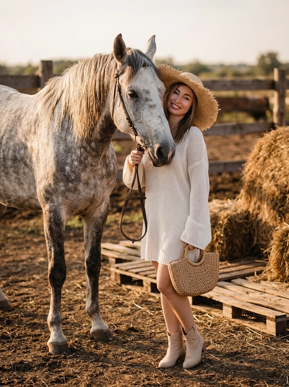 Фотореалистичная lifestyle fashion-фотография женщины на загородной конюшне рядом с крупной бело-серой лошадью. Женщина стоит практически вплотную к лошади, слегка прислонившись к ней,  держит повод.

Лошадь занимает значительную часть кадра, её голова расположена рядом с лицом женщины. На заднем плане сухая земля, деревянные паллеты, стога сена и тёплая природная фактура.

Тёплое низкое вечернее солнце, золотистый свет, глубокие естественные тени, cinematic countryside fashion photography, богатая текстура шерсти лошади, ткани одежды и соломы. Камера на уровне груди, объектив 35–50 mm, вертикальный кадр, высокая реалистичность, без текста, логотипов и водяных знаков.

Какая будет одежда?: На женщине короткое свободное платье-свитер молочно-белого оттенка из мягкой вязаной ткани, с расслабленным силуэтом и длинными слегка расклешёнными рукавами. На голове широкополая плетёная соломенная шляпа с мягкими, немного неровными полями. На ногах светлые короткие ботинки. В образе также небольшая плетёная сумка, которая поддерживает countryside aesthetic. в другой — небольшую плетёную сумку.