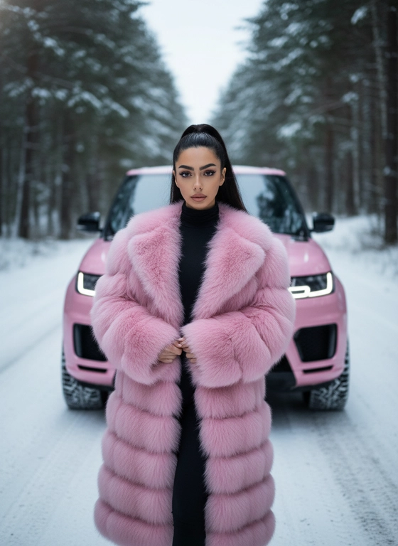 Создай, не меняя черты лица. Реалистичный снимок, высокая детализация лица, кадр на заснеженной лесной дороге при холодном мягком зимнем освещении, подчёркивающем контраст суровой природы и гламура.  
Портретная съёмка. Женщина стоит у машины, смотрит в камеру. На ней чёрный облегающий комбинезон с длинными рукавами и высоким горлом, длинная, объёмная, натуральная меховая шуба коричневого цвета с фактурой, руки перед собой. Свет и тени акцентируют линии тела и стройность позы, мощная машина на фоне сочетает индустриальную холодность с природной суровостью. Снег покрывает землю, создавая контраст тепла меха и мороза, придавая атмосфере таинственность и силу. Цвета — приглушённые тёмные и естественные с акцентом на чёрное и коричневое, как кадр из кинематографичного модного фотопроекта, фотореалистичное, высокая текстурная детализация, 4К. Сзади автомобиль Range Rover розовый 
Шуба розовая 
Прическа высокий хвост с длинными волосами 