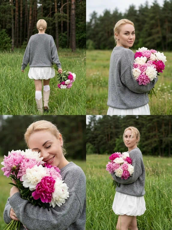 Создать фотореалистичный коллаж из четырех lifestyle fashion-фотографий в единой эстетике. Все кадры сняты на Canon EOS R5, объектив 85 mm, мягкий пасмурный дневной свет, легкая недоэкспозиция, RAW photo, натуральные цвета, живая атмосфера, без ретуши, без HDR, без искусственного размытия. кожа с ровным сияющим тоном, розовые губы с легким сатиновым блеском, аккуратные брови, мягкий luxury nude makeup, естественная текстура кожи без ретуши.

Верхний левый кадр: Женщина снята со спины, идет по высокой зеленой траве к сосновому лесу. В правой руке держит большой букет белых, нежно-розовых и насыщенно-малиновых пионов. На ней объемный светло-серый вязаный oversize-свитер, короткая белая юбка-баллон, белые высокие носки и светлые замшевые казаки.

Верхний правый кадр: поясной портрет. она поворачивается через плечо к камере, смотрит прямо в объектив с мягкой уверенной полуулыбкой. Букет прижат к груди, волосы свободно развеваются. На фоне высокая луговая трава и темный сосновый лес.

Нижний левый кадр: крупный портрет. Она прижимает пышный букет пионов к лицу, глаза закрыты, легкая счастливая улыбка. Цветы частично закрывают лицо, акцент на текстуре лепестков, естественной коже и волосах.

Нижний правый кадр: съемка в полный рост. Она стоит среди высокой травы, слегка развернув корпус в сторону, смотрит прямо в камеру сквозь пряди волос. Букет лежит на согнутой руке, другая рука расслабленно опущена. Свитер свободно спадает по фигуре, белая юбка-баллон создает легкий объем. Атмосфера спокойного летнего вечера, природная эстетика, premium editorial fashion photography.