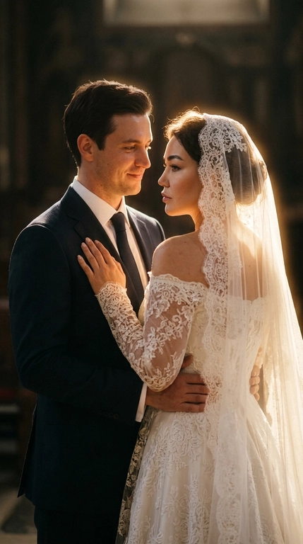 A realistic and believable shot of a couple.

Pose
The man and woman stand half-turned toward each other, creating a romantic and intimate moment. The man is on the left, softly gazing at the woman with a smile, his body slightly turned toward her. The woman stands with her back to the viewer, but has turned her head in profile to meet her partner's gaze. Her right hand rests gently on the man's chest, emphasizing the couple's closeness.

Angle
The photograph is taken from eye level, mid-ground (waist-length). The camera is positioned to focus on the couple's interaction and emotions, shifting slightly to the side to capture both their profiles.

Clothing
The man is wearing a classic dark suit with a white shirt and a dark tie. The woman is wearing an off-the-shoulder wedding dress with long lace sleeves. The dress is richly decorated with a floral lace pattern, which also extends to the long, flowing veil covering her head.

Lighting
This is the key element of the photograph.  A backlighting effect (light coming from behind the couple) is used, creating a bright golden outline (halo) around the silhouettes. The light is soft, warm, and diffused, highlighting the edges of the couple's hair and veil, giving the scene a fairytale-like, ethereal quality. The couple's faces are softly lit, with emphasis on their profiles.

Camera Effect
A shallow depth of field is used, blurring the background completely, focusing attention solely on the couple. A subtle glow (soft focus or bloom effect) softens the contours and adds a cinematic, dreamy feel to the image. Color grading is done in warm tones.

Background
The background is virtually indistinguishable due to the intense blurring and specific lighting. It can be assumed that this is a dark or subdued room, like a church, where the focus is solely on the glowing spot behind the couple.

Hairstyle
The woman's hair is partially hidden by the veil covering her head; the veil must remain on her head. DO NOT CHANGE THE FACIAL FEATURES; THEY SHOULD BE THE SAME AS THE REFERENCE PICTURE.