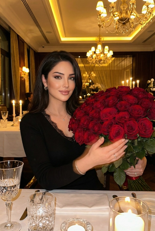 Женщина в дорогом ресторане сидит за сервированным столиком. Не меняй внешность, цвет волос и стрижку. Темное фото, теплые огни. В руках у нее огромный букет из 51 красной розы. Спонтанное фото в движении, немного смазано. Гламурный, но естественный макияж, серебряный браслет на руке, кольца, нежный маникюр. На шее тонкая серебряная цепочка и маленький кулон. Она смотрит в камеру, легкая улыбка. Она одета в черный кашемировый тонкий лонгслив с V-образным вырезом, отделанным тонким кружевом на воротнике и манжетах.