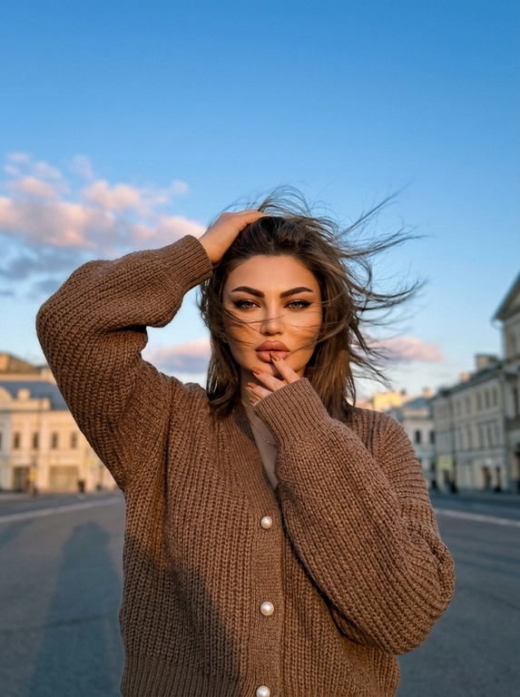 Сверхреалистичная уличная fashion-фотография на iPhone 17 Pro Max, основная камера 1x, 24 мм. Средний портрет примерно до середины бёдер, камера на уровне груди, женщина по центру кадра, над головой много открытого вечернего неба.

Женщина стоит на открытом пространстве, корпус почти фронтально к камере. Сильный ветер активно развевает волосы в стороны, отдельные тонкие пряди хаотично проходят перед лицом. Одна рука поднята над головой и лежит на макушке, локоть направлен в сторону; вторая рука согнута перед грудью, длинный рукав частично закрывает кисть, пальцы находятся возле губ. Взгляд прямо в объектив, губы сомкнуты, выражение уверенное, без улыбки.

На ней объёмный коричневый вязаный кардиган oversize с жемчужными пуговицами, длинными свободными рукавами и выраженной мягкой фактурой крупной вязки. Кардиган свободно собирается складками на теле.

Макияж выразительный, но естественный: кожа с лёгким загаром и натуральной текстурой, оформленные брови, длинные густые ресницы, мягкая чёрная подводка, лёгкий бронзер и румянец, пудрово-розовые губы, ногти коричневые.

Фон минималистичный: красивая вечерняя московская улица. Большую часть кадра занимает чистое голубое вечернее небо с небольшими мягкими светлыми облаками.

Тёплые золотистые блики на лице и волосах, мягкие естественные тени. Цветокоррекция слегка плёночная: приглушённые натуральные оттенки, тёплая кожа, немного пониженная экспозиция, умеренный контраст, лёгкая зернистость. Волосы должны двигаться физически естественно от сильного ветра. Без студийного света, пластиковой кожи, сильного боке, CGI и AI-эффекта. Кадр будто сделан в спешке и размыт на 2%.