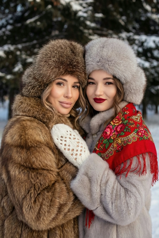 Создай кадр, который представляет собой теплый, уютный, слегка ностальгический зимний портрет в фэшн/фолк-стиле. Атмосфера спокойная, элегантная, дружеская близость двух моделей; сочетание высокой моды (мех, профессиональная ретушь) и фольклорной эстетики (вышитый шарф). Композиция и позирование: Форма кадра: портретный, вертикальный (соотношение примерно 3:4). Расположение: две женщины в центре кадра, тела и головы видны на груди; правая модель немного ближе к камере. Позы: девушки стоят близко друг к другу, левая модель слегка опирается на правую; плечи слегка повернуты к камере. Взаимодействие: мягкая улыбка, закрытое выражение лица, взгляд в камеру; дружелюбный, уверенный тон. Лица и макияж: Кожа: гладкая, естественная текстура, легкий эффект сияния. Глаза: аккуратные блики – оживляют взгляд; нейтральный/теплый макияж теней. Брови: естественная форма, слегка очерчены. Губы: у правой модели насыщенный матовый красный (центральный акцент), у левой – нежно-розовый нюдовый. Волосы: свободные пряди вокруг лица, несколько прядей с легкой волной для естественности. Шапки: большие пушистые меховые шапки с очень четко выраженной текстурой меха; справа – светло-серый мех, слева – коричневый мех. Форма: высокие, округлые, плотно сидят на голове, частично закрывают лоб – создают силуэт и рамку для лица. Верхняя одежда и текстуры: меховые пальто: густой натуральный мех у левой модели коричневый, у правой модели – светло-серый тон с видимым направлением волосков; богатая текстура и объем. У девушки справа на правом плече маленький платок с традиционным русским орнаментом – яркие цветы и листья, на фоне глубокого красного цвета с золотисто-терракотовыми, зелеными деталями; Тонкая бахрома ниспадает на ее плечо. У девушки слева на левом плече небольшой вязаный белый шарф с крупным ажурным узором, что добавляет контраста в текстуре и цвете. Окружение и фон: Лес: темные хвойные деревья, вертикальные силуэты стволов; снег на земле/вдали — размытый фон (боке).