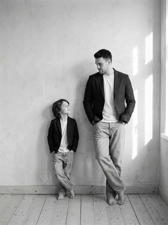 Черно-белая вертикальная фотография, формат 9:16.
Минималистичный интерьер: шершаво-структурная светлая штукатурная стена, светлый деревянный плинтус и широкий светлый деревянный пол. Справа попадающий дневной свет из окна создаёт прямоугольные полосы света и тени на стене. Два человека в полный рост у стены: мужчина, опирается на стену, руки в карманах пиджака, ноги расслаблены, стопы скрещены; ребенок, прислонён к стене, одна нога скрещена, руки в карманах, взгляд направлен вверх к мужчине. Оба босиком, оба в тёмных приталенных пиджаках поверх простых светлых футболок и свободных светлых джинс. Кадр снят фронтально, ровно, широкий план (head-to-toe), глубокая резкость, мягкий контраст, тихая интимная атмосфера, лёгкая зернистость плёночной ч/б съёмки, много отрицательного пространства вокруг фигур.