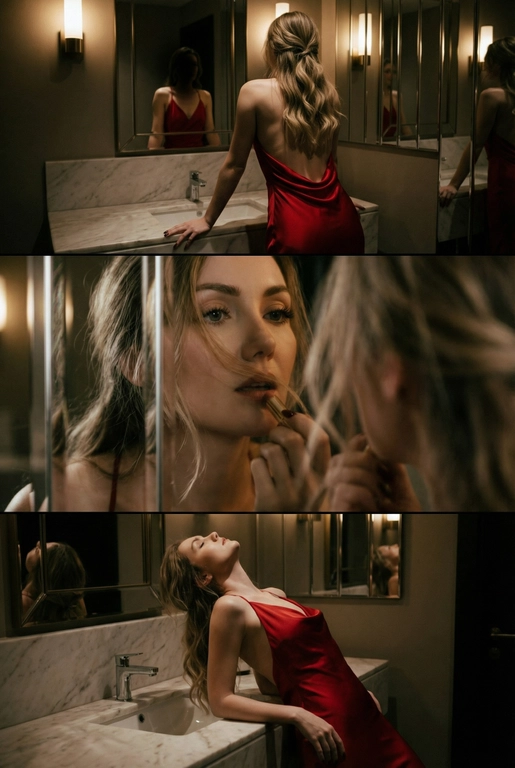 Создай не меняя черты лица. Экстремально реалистичный кинематографичный триптих, как живая серия фотографий из Instagram, снятая в зеркальном туалете дорогого ресторана. Вечер, интимная атмосфера, отражения в зеркалах, приглушённый свет, ощущение роскоши и ускользающего момента. Весь триптих объединён одним образом и единым настроением, с лёгким зерном, как будто кадры сняты в движении, естественно. В верхней части женщина стоит спиной облокотившись на раковину рукой, лицо в тени спина освещена, в отражениях зеркал видна её фигура, на ней одно и то же красное платье с открытой спиной, ткань струится и выглядит дорого, чувственно. Свет мягко скользит по плечам и линии спины, создавая глубокие тени и драматичный силуэт. В средней части экстремально близкий ракурс лица через зеркало, женщина смотрит на своё отражение и поправляет помаду, жест живой и естественный. Лицо частично в фокусе, частично слегка размыто, ощущение движения и дыхания кадра. Пышные ресницы, выразительный взгляд, блики света в зеркале, локоны из пучка падают на лицо, добавляя интимности. В нижней части девушка запрокинула голову и облокотилась о раковину, глаза закрыты, поза расслабленная, уязвимая, словно она на секунду выпала из шумного вечера. Платье то же самое, красное, ткань ловит приглушённый свет, усиливая глубину цвета и теней. Во всех кадрах приглушённое освещение, cinematic lighting, мягкие тени, отражения зеркал, лёгкое зерно и небольшой motion blur без резкой чёткости и глянца. Цвета глубокие, насыщенные, но сдержанные. Общий стиль ультрареализм, кинематографическая эстетика, эффект настоящего Instagram-триптиха, ощущение пойманного момента, живо, чувственно и очень реалистично, как кадры из личного архива.
Не меняй черты лица. Очень длинные изящные волнистые волосы, несколько локонов свободно падают на лицо и шею. 