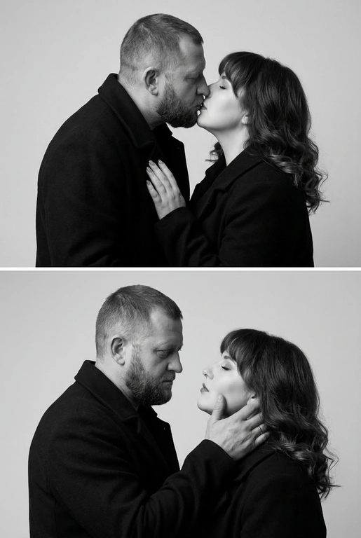 Не меняй внешность. Фотография представляет собой диптих (двойное изображение), выполненный в черно-белой гамме, который запечатлел пару в двух последовательных, нежных моментах. Общий стиль снимка — минималистичный и драматичный.
Верхний Кадр: Поцелуй
• Действие: Пара запечатлена в момент поцелуя.
• Мужчина: Слева, в профиль. Он одет в темное пальто или пиджак с высоким воротником. Его губы соприкасаются с губами женщины.
• Женщина: Справа, в профиль, с приподнятым подбородком, чтобы дотянуться до мужчины. У нее тонкие, изящные черты лица. Она одета в похожее темное пальто с воротником-стойкой.
• Эмоция: Кадр передает интимность и сосредоточенность на моменте соприкосновения.
Нижний Кадр: Нежность и Взгляд
• Действие: Мужчина и женщина смотрят друг на друга (или почти смотрят) на очень близком расстоянии.
• Мужчина: Слева, в профиль. Выражение его лица более серьезное и задумчивое. Он смотрит прямо на женщину.
• Женщина: Справа. Ее голова немного запрокинута, а глаза почти закрыты, что придает моменту большую чувственность.
• Взаимодействие: Рука мужчины (похоже, его правая рука) нежно поддерживает ее лицо сбоку, держа ее за челюсть/подбородок. Это движение подчеркивает заботу и глубокую эмоциональную связь между ними.
Общий Стиль и Композиция
• Цвет: Использование черно-белой палитры исключает отвлекающие цвета и усиливает драматизм, фокусируя внимание зрителя на контурах, текстурах и эмоциях.
• Одежда: Оба одеты в простые, темные вещи, которые гармонируют с общим настроением снимка.
• Фон: Однотонный, нейтральный, светлый фон (возможно, белая или светло-серая студийная стена), который создает сильный контраст с темной одеждой пары.
• Композиция: Диптих, разделенный горизонтальной линией, показывает два мгновения близости, создавая историю или последовательность.
Снимок производит впечатление элегантной, высококлассной модной или арт-фотографии, посвященной теме глубокой, серьезной любви и страсти.