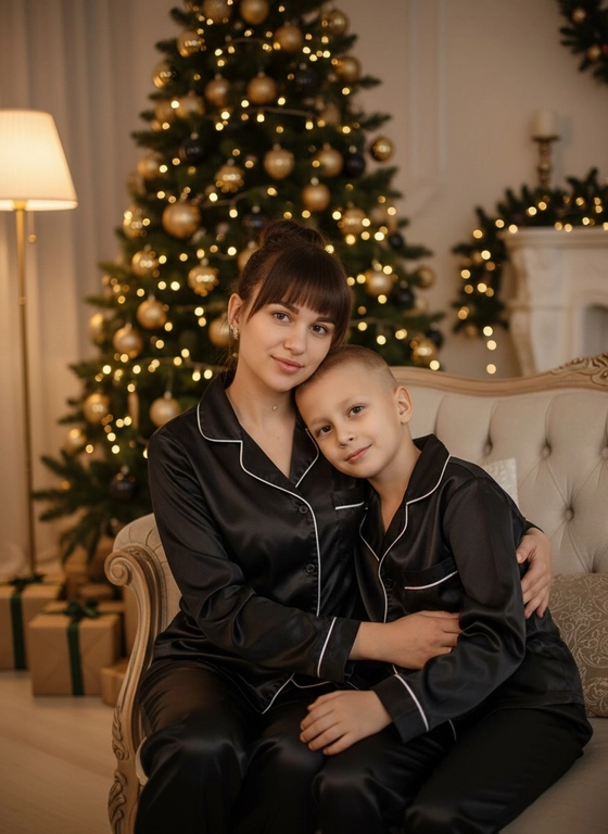 На переднем плане изображены женщина и мальчик, которые сидят рядом, оба в одинаковых атласных пижамах черного цвета с белыми деталями. Взгляд женщины мягкий и теплый, она смотрит в камеру, обняв мальчика. Мальчик, слегка наклонив голову, также смотрит в камеру.Не изменять черты лица, На заднем плане красиво оформленная рождественская елка с золотыми и черными шариками, а также белыми огоньками, создающими атмосферу праздника. Освещение мягкое, создающее теплую и уютную атмосферу. Композиция сбалансированная и гармоничная, внимание акцентируется на лицах персонажей и их взаимодействии. Стиль фотографии можно охарактеризовать как уютный портрет, в котором подчеркивается семейная связь и радость праздника.