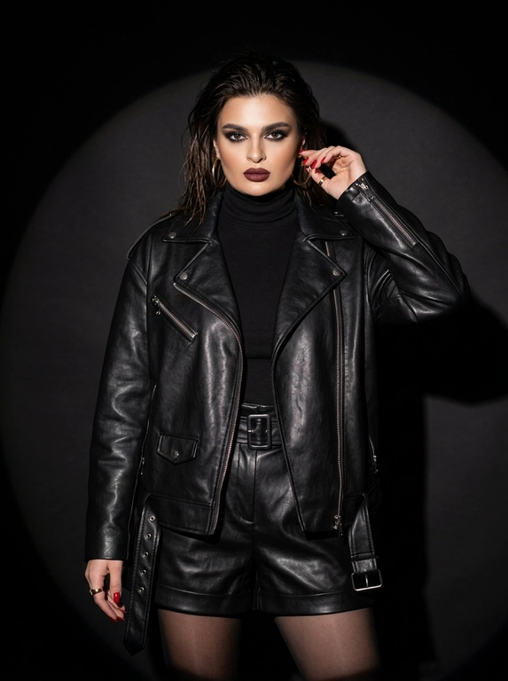 Фотография дерзкая и стильная студийная сцена в эстетике "fashion editorial".
Тип кадра: Поясной портрет (Medium shot). Женщина стоит в центре кадра; поза уверенная, одна рука изящно поднесена к лицу, касаясь серьги, вторая расслаблена; взгляд прямой, пронзительный и серьезный; эмоция — холодная уверенность и самообладание.
Одежда: Черная кожаная куртка-косуха оверсайз с металлической фурнитурой (молнии, заклепки), надетая поверх черной водолазки; кожаные шорты с высокой талией и ремнем; черные полупрозрачные капроновые колготки. Ткань куртки имеет мягкий матовый блеск и естественные заломы на сгибах.
Локация: Минималистичная фотостудия с черным фоном, на котором выделяется яркое круглое пятно света.
Освещение: Контрастное освещение типа "спотлайт" (прожектор), направленное спереди; создает четкий световой круг за спиной модели и отбрасывает глубокую, резкую тень на фон; на лице и одежде видны выразительные светотеневые переходы.
Камера: Профессиональная съемка на 85mm объектив, обеспечивающий идеальные портретные пропорции без искажений.
Глубина резкости: Модель находится в резком фокусе; фон за пределами светового пятна уходит в глубокую черную пустоту.
Макияж: Драматичный вечерний макияж; выразительные "smoky eyes" в темных тонах, четко очерченные брови и матовая помада.
Детали: Ярко-красный маникюр на длинных ногтях; крупные золотые серьги-кольца; металлический блеск молний на куртке; тонкое кольцо на пальце.
Атмосфера: Роковая, сильная, графичная и подчеркнуто модная.

Выберите прическу: На волосах эффект мокрых растрепанных волос