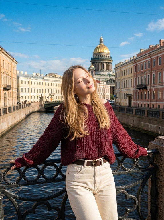 Кадр из городской фотосессии, снятый днем при ярком солнечном свете. На снимке изображена модель, стоящая на фоне архитектурного ансамбля исторического центра города с каналом и мостом. На заднем плане виден величественный собор с золотым куполом и старинные здания пастельных тонов. Атмосфера снимка теплая, расслабленная и безмятежная. Цветовая гамма естественная, с преобладанием глубокого синего цвета неба, золотистых и коричневых оттенков архитектуры и приглушенных тонов одежды.

Поза расслабленная: модель стоит полуоборотом к камере, опираясь локтями на ажурное кованое ограждение моста, корпус слегка отклонен назад, голова запрокинута, а лицо обращено к солнцу с легкой улыбкой и закрытыми глазами. Ракурс съемки средний, снизу вверх, подчеркивающий масштаб городской застройки.

Одежда: Свободный бордовый свитер фактурной вязки с широким воротником, слегка открывающим одно плечо. Прямые молочные джинсы с высокой посадкой и тёмно-коричневым кожаным ремнём.