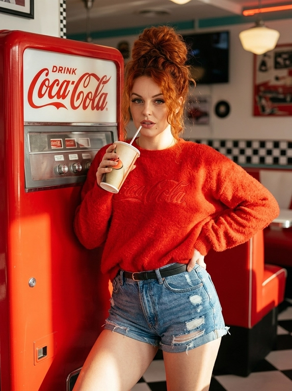Фотореалистичная lifestyle-fashion съёмка в американской закусочной в стиле 90s retro diner. Модель стоит у ярко-красного автомата с напитками, слегка прислонившись плечом к корпусу. Одна рука поднята к лицу и держит высокий бумажный стакан с трубочкой, вторая расслабленно лежит на талии. Корпус слегка подан вперёд, одно бедро выведено в сторону, создавая красивую S-линию тела. Голова немного наклонена вниз, взгляд исподлобья прямо в камеру, уверенный и притягательный. На ней объёмный пушистый свитер насыщенного красного цвета с крупной винтажной надписью в стиле Coca-Cola, светлые джинсовые шорты с высокой посадкой, потёртостями и необработанным краем, тонкий чёрный ремень.  Макияж мягкий glamour: выразительные ресницы, идеально оформленные брови, лёгкий контуринг, натуральный румянец, сияющая кожа, губы с деликатным сатиновым финишем. Интерьер выполнен в красно-белой палитре: клеточная плитка, большие окна, винтажная атмосфера американского дайнера. Тёплый солнечный свет проникает через окна, смешиваясь с мягким интерьерным освещением, создавая уютные блики на волосах и коже. Реалистичная текстура кожи с видимыми порами, высокая детализация ткани, объёмный ворс свитера, естественные тени и свет. Премиальная fashion-фотография для рекламной кампании одежды, высокая детализация, кинематографичная цветокоррекция с тёплыми красными и карамельными оттенками.

Какая будет укладка?: Высокий messy bun с выпущенными прядями у лица. Сделает образ более lifestyle, живым и не слишком постановочным.