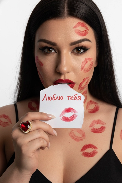   Фотореалистичный портрет крупным планом, кинематографический
вспышка Y2K. Чистый белый фон, драматическое профессиональное верхнее освещение с глубиной и скульптурными тенями. Голова прямо, камера крупным планом на уровне глаз, острый взгляд, томный, томный взгляд. Графичный «лисьий глаз» только во внешних уголках глаз, подчеркнутые ресницы, насыщенная красная помада с более темным контуром.
Она кусает зубами грубо разорванный клочок бумаги, держа его за уголок; на бумаге красной помадой написаны слова
«» и виден отпечаток поцелуя.
Хаотичные следы поцелуев от красной помады на лице, шее, плечах. Золотое кольцо с большим красным сердцем и бриллиантом. Не изменяй черты лица.  На листе бумаги написано "Люблю тебя"