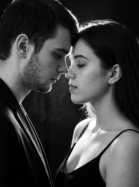 Фотореалистичный чёрно-белый кинематографичный портрет пары в тёмной студии. Сохранить внешность по загруженным фото: черты лица, пропорции, возраст, форму глаз/носа/губ, текстуру кожи и естественную мимику — без идеализации и изменений.
Крупный план по пояс, профиль к профилю. Мужчина слева, женщина справа. Они стоят очень близко, лбы и кончики носов почти соприкасаются, момент «перед поцелуем». Взгляд опущен (не в камеру): он смотрит вниз/на её губы, она закрывает глаза или смотрит вниз, выражение тихое и нежное. Между ними минимальная дистанция, без улыбок, атмосфера интимная и спокойная.
Мужчина в тёмной рубашке/пиджаке. Женщина в чёрном платье/топе на тонких бретелях, открытые плечи, серьга-цепочка, кожа с естественным бликом.
Свет: жёсткий контровой/рисующий свет сзади и чуть сбоку (rim light), сильная световая окантовка по волосам и профилям, передняя часть лица в мягкой полутени. В воздухе видны мелкие пылинки/частицы, подсвеченные контровым светом, лёгкий кинематографичный дым/хейз (очень деликатно). Фон полностью чёрный, без деталей.
Оптика/съёмка: 85mm, f/1.8-2.2, малая ГРИП, резкость на линии нос-лоб, остальное плавно уходит в мягкое боке.
Высокий контраст, глубокие чёрные, яркие хайлайты по волосам, плёночное зерно, лёгкий glow на контуре, без «пластика» и без пересвета на коже.