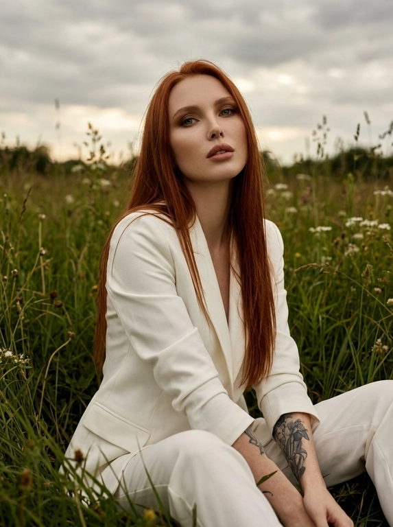 Фотосессия женщины в стиле модной съемки на открытом воздухе. Она позирует на поле с высокой зеленой травой. Цветовая гамма землистая и насыщенная, с оттенками зеленого и коричневого. Женщина одета в белый пиджак из гладкой костюмной ткани. Сидит в траве, Макияж естественный, в коричневых оттенках. Кожа сияет.  Fashion editorial, vogue style, old money, cinematic lighting, 8K, ultra-realistic. Средний план: она слегка подняла взгляд. Глаза всё равно направлены в камеру, лёгкая игра света и тени на лице. Пасмурная погода.
