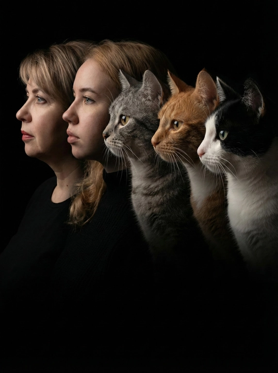 Профессиональный студийный портрет с низким контрастным светом. Головы расположены строго в одну линию. боковой профиль, взгляд влево. У всех видны только головы и немного плечи. Головы занимают весь кадр. Черный фон. Черная одежда у всех. Расположи их в таком порядке: 1. женщина 2. девушка 3. серый кот 4. рыжий кот 5. черно-белый кот. Не менять черты лица