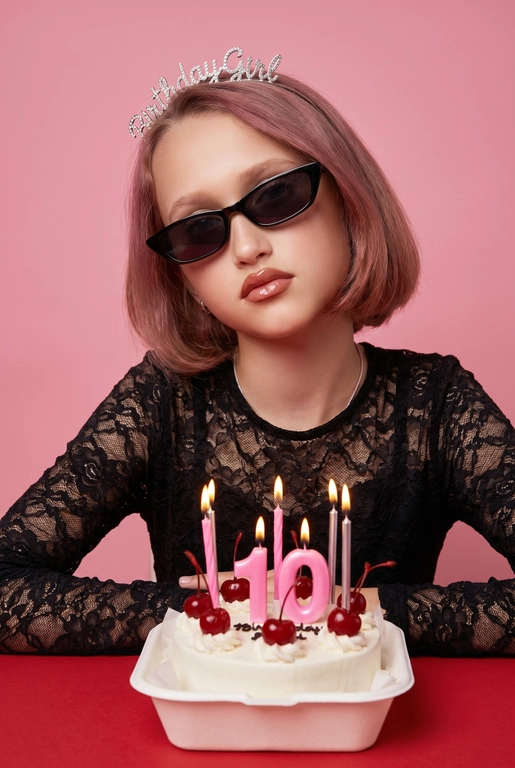 Стильная fashion-фотосессия в студии с розовым фоном. Женщина сидит за красным столом, перед ней белый маленький бенто-торт с вишенками.  На торте тонкие серебристые зажженые свечки. Она в чёрном кружевном топе с длинными рукавами. На голове диадема с надписью “Birthday Girl”, на глазах чёрные узкие солнцезащитные очки. Макияж глянцевый, акцент на губах, чёткий контур, ухоженная кожа.
Женщина слегка наклонила голову в сторону, смотрит в камеру. Настроение кадра — дерзкий день рождения, fashion editorial, ironic glamour. Мягкий студийный свет, ровное освещение без жёстких теней, высокая детализация кожи, чистая композиция. Крупный план / средний план, фокус на лице, без искажений. Профессиональная фотосъёмка, модная журнальная эстетика.

Доп. характеристики: На торте розовые свечи и цифра 10