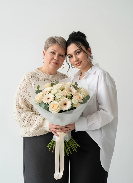 A photo of two women (a woman and an older woman) standing next to each other in a studio, their shoulders pressed tightly together. The older woman is on the left, the woman on the right. The woman tilts her head slightly and rests her temple on the older woman's head, both looking directly at the camera. The older woman holds a large bouquet of flowers at chest level, while the woman on the right supports the bouquet with one hand from below, her other hand resting on the older woman's shoulder.

The woman on the right wears minimal, everyday makeup: even skin tone with a natural texture, lightly evened skin tone, soft neutral eyeshadow, a neat lashline without drama, and lips with a natural pink-beige shade and a satin finish. Her skin looks natural, without a strong shine.

The older woman on the left is wearing a light, voluminous knit sweater with an openwork texture and a loose fit, under which she wears a dark, straight-cut skirt made of matte fabric.

The woman on the right is wearing an oversized white long-sleeved shirt tucked into a straight black skirt. The fabric is soft, matte, and patternless.

Both women wear an elegant updo with a voluminous bun and loose strands, along with medium-sized earrings.

The bouquet consists of light cream and peach flowers, including roses and gerberas, complemented by white spherical inflorescences and eucalyptus greenery. The flowers are wrapped in translucent white paper and tied with a long light ribbon. The composition is dense and symmetrical.

The setting is a minimalist photo studio with a plain white background without texture or objects.

The lighting is studio-quality, soft, and diffused. The main source is positioned frontally and slightly overhead, evenly illuminating the faces, clothing, and flowers. Shadows are soft, low-contrast, barely visible under the chins and in the folds of clothing. The background is evenly lit with no brightness fluctuations.

Photorealistic photography, high detail in skin, sweater knits, flower petals, and wrapping paper, moderate depth of field, background slightly blurred without pronounced bokeh, shot on a 50mm portrait lens, highly detailed, photorealistic. Faces are not altered.