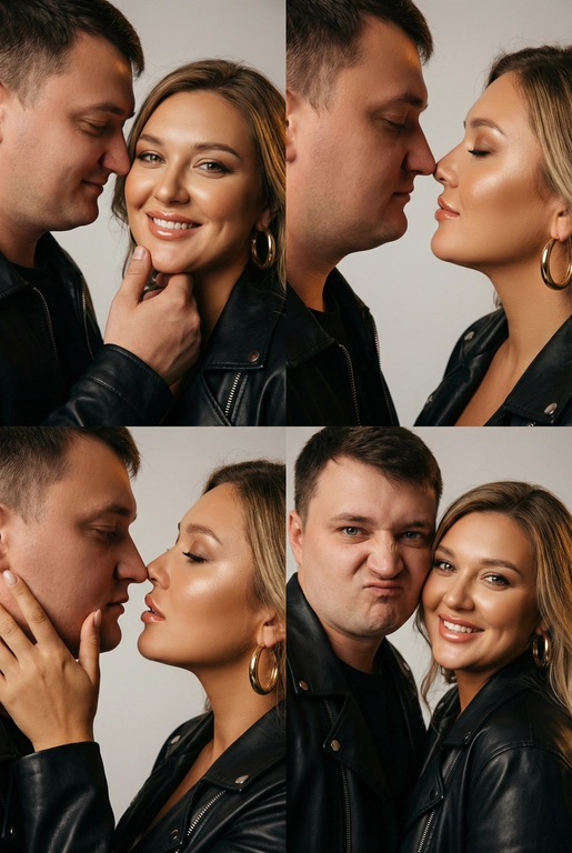 Фотореалистичный кинематографический коллаж в стиле фотобудки 2×2 из четырёх интимных портретов стильной пары крупным планом, расположенных в бесшовной сетке 2×2, на каждом кадре показана разная поза и выражение лица. Лица не меняются.  
  
Вверху слева — крупный план головы и плеч, мужчина нежно обнимает подбородок женщины; вверху справа — интимный профиль «нос к носу»; внизу слева — почти поцелуй с приоткрытыми губами и лёгким касанием щеки пальцами; внизу справа — игривый спонтанный снимок, где женщина смотрит в камеру, а мужчина корчит смешную рожицу.  
  
Обе модели модные и гламурные, тёплый загар с реалистичными бликами, естественная зернистость плёнки и тонкая текстура кожи. Женщина с золотыми серьгами‑кольцами, безупречным гламурным макияжем и блестящими губами; они оба в лёгких черных кожаных куртках; видны ювелирные украшения и фактурные ткани.  
  
Студийный бесшовный светло‑серый фон, мягкий равномерный ключевой свет спереди слева, тёплый вольфрамовый контурный свет справа для разделения, мягкие направленные тени для глубины. Кинематографическая атмосферная цветокоррекция с тёплыми бликами и нейтральными глубокими тенями, эстетика редакционного журнала. Сверхдетализированные пряди волос, реалистичные ресницы и брови, резкие отражения металла и ткани, правдоподобная ретушь журнального уровня, но при этом естественная.