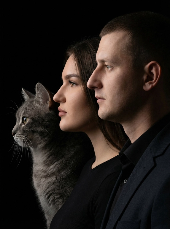 Профессиональный студийный портрет с низким контрастным светом. Головы расположены строго в одну линию. боковой профиль, взгляд влево. У всех видны только головы и немного плечи. Головы занимают весь кадр. Черный фон. Черная одежда у всех. Расположи их по убыванию возраста. Темно серая кошка самая последняя. 