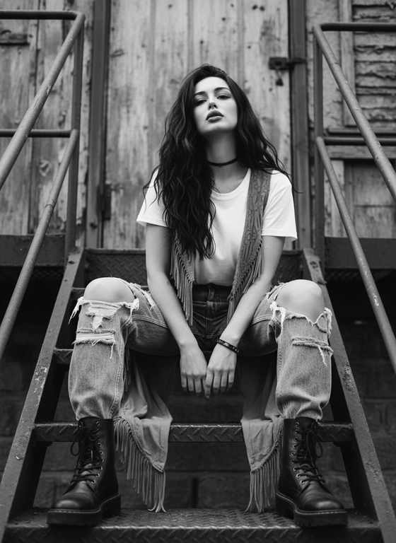 максимально сохрани черты лица, 100% узнаваемость, максимально реалистичное любительское мобильное фото, минимум сходства с ии. максимально естественное фото. фото немного размыто. волосы волнистые и черные. Это черно-белое фото в стиле гранж или бохо-шик. Женщина сидит на металлической лестнице снаружи здания. Вокруг видны деревянные стены и какая-то конструкция, возможно, часть старого промышленного здания. Атмосфера немного мрачная и бунтарская.

Одежда: На женщине надета простая белая футболка, поверх которой накинута длинная жилетка. На ней надеты рваные широкие джинсы и грубые кожаные ботинки на шнуровке. На шее тонкий чокер, на руке браслет.
Поза: Женщина сидит, расставив ноги, на ступеньках лестницы. Одна рука лежит на колене, другая придерживает ногу. Взгляд направлен вверх.
