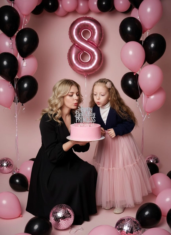 Фон красивая студия украшенная в черно розовых тонах много гелевых Шаров розово Черных тонах . Большая фальгированая Цыфра 8 . Нежно розового цвета. Много на полу целкальных Шариков розово Черных . Украшена на день рождения. Мама держит торт а ребенок задувает свечу . Тортик розового цвета на нем стоит Карина , красивая надпись в серебренном стиле по англизки с днем рождения принцецца . Девочка сдувает блестящую пальцу с торта и задувает цифру 8 . Одета девочка только в розовое красивое платье а мама в черное . Лиза не менять . Тело сложение тоже . Мама изменить волоса на накрученные. И легкий макияж