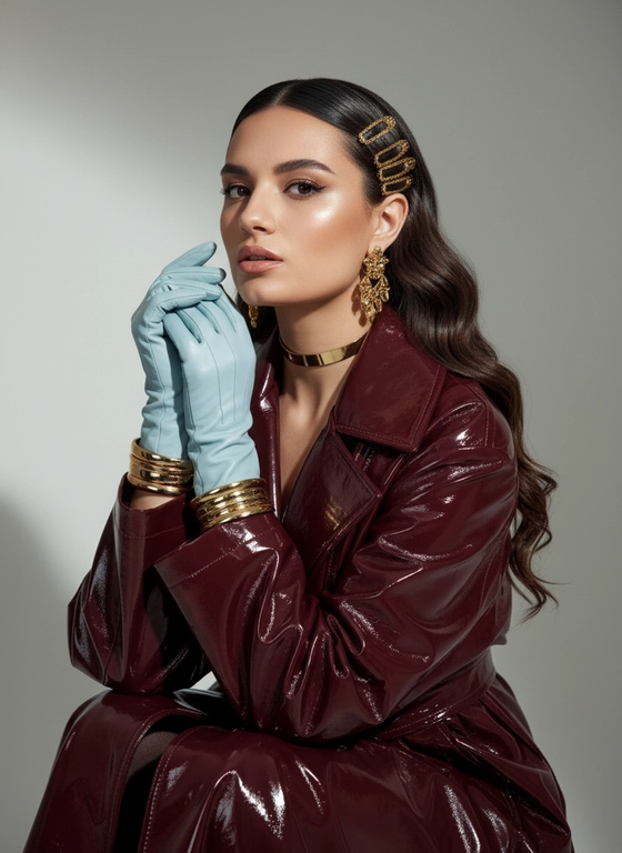 Высококонкурентный фэшн-портрет, кадрпохуд:
элегантная женщина с фото в глянцевом бордовом (винном)
лак-палто пальто сидит объёмно, с выраженными
складками и отражающими бликами. На руках тонкие
кожаные перчатки голубого оттенка. Волосы - длинные,
мягкие волны аккуратно уложенные, одна сторона
собрана и зафиксирована множеством рядом изящных
золотых крупных зажимов (несколько параллельных
металлических акцентов). Шея украшена лаконичным
полированным золотым чокером; кожа ухоженная,
тёплого тона, лёгкое контурирование и естественный
сияющий хайлайт на ключицах и плечах. Фон
нейтральный светло-серый, мягко рассеивающий тень,
создающий ощущение студийной съёмки; освещение
- мягкий ключевой свет спереди-слева с едва
заметным контровым рим-лайтом для подчёркивания
объёма волос и блеска материалов. Композиция -
центрированная, тонкая асимметрия в укладке волос
и аксессуарах для динамики. Текстуры переданы
максимально детализировано: блеск лакированной ткани
и перчаток с заметными отражениями, металлические
шпильки и чокер с зеркальным сяйвом, шелковистые
пряди волос с мягкими переходами света. Атмосфера
- роскошный, минималистичный редакционный лук,
утончённая, немного драматичная; стиль съёмки
фотореализм, высокая резкость, мягкое узкое боке, тонкая
постобработка: чистая кожа, естественные оттенки, лёгкая
кинематографичная цветокоррекция, отсутствие сильного
шума. Рекомендуемые параметры для съемки:
сверхдетализированное, 8k, фотореалистичное, кинематографическое освещение, малая глубина
резкости, 50-мм портретный объектив, f/1.8. мои руки
у лица, в ушах крупные золотые серьги , на руках крупные
золотые браслеты 
