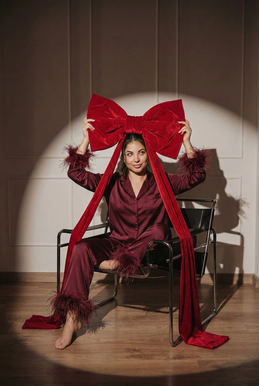Создай фэшн-фото человека крупным планом до колен, позирующего на стуле под направленным светом прожектора на фоне стены с лепниной, как на референсном изображении. Черты лица, пол, комплекция, возраст и цвет волос должны быть такими же, как на референсе. Драматичное сценическое освещение с выраженным световым пятном и мягкими тенями. Человек сидит уверенно и расслабленно. Одна нога на сидении,  другая на полу. В руках человек держит очень большой красный бархатный бант над головой — жест выглядит игриво и символично, создавая ощущение, что человек сам является подарком. У банта длинные ленты («ножки»), которые свободно и естественно ниспадают вниз. Взгляд направлен немного в сторону, мягкая улыбка. Общая атмосфера: high-fashion, новогодний гламур, рождественское настроение. Стиль журнальной съёмки, кинематографичный свет, высокая детализация, чистая композиция, профессиональная студийная фотография. На человеке шелковая пижама глубокого бордового цвета: свободная рубашка и брюки. Манжеты рукавов и края брюк отделаны страусиным пером. Ткань с мягким благородным блеском, подчёркивающим фактуру шёлка.