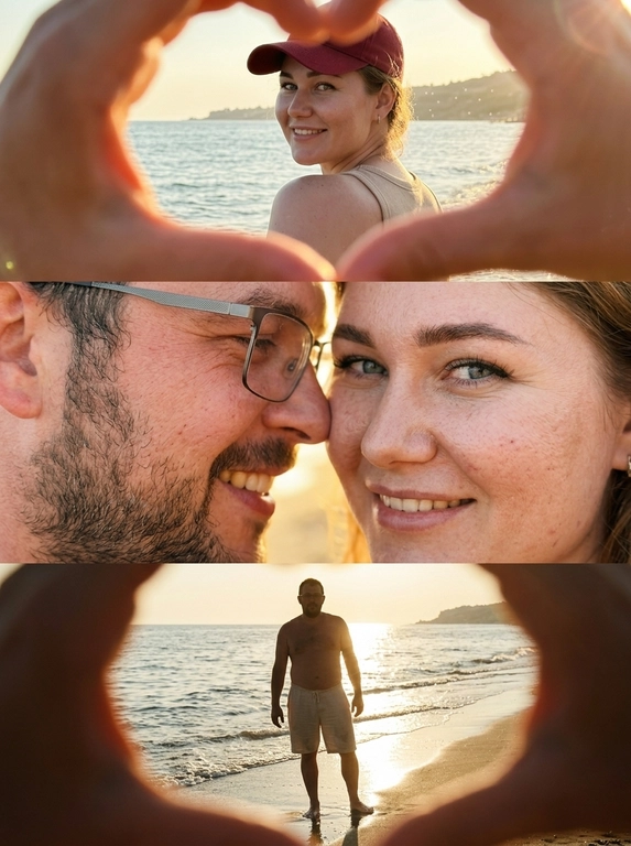 Дорогой lifestyle moment у моря, снятый случайно, как сторис на iPhone 17 Pro Max, без текста, табличек и постановочного ощущения. Фотореализм, raw photo look, естественная текстура кожи, видны поры и мелкие детали, без ИИ-пластика. Вертикальный кинематографичный триптих: три горизонтальные панели, разделённые тонкими границами. Общая атмосфера — тёплый летний beach-film still с ощущением любительской плёночной съёмки: мягкая зернистость, лёгкая дымка, film bloom, subtle chromatic aberration по краям, лёгкая потеря резкости на периферии, natural imperfections.

Верхняя панель: средний план со спины / в 3/4 у кромки моря. Фигура слегка повёрнута и оглядывается через плечо с лёгкой полуулыбкой. На переднем плане руки расположены очень близко к объективу, частично входят в кадр по краям и как будто мягко обхватывают камеру, создавая живую размытую рамку. Жест рук деликатно намекает на форму сердца, но не выглядит как отдельный показанный жест — скорее камера находится внутри пространства между руками. Руки слегка вне фокуса из-за близости к линзе, создают эффект подглядывания и интимной близости. Камера на уровне груди / плеч, небольшой наклон вниз. На фоне прибой, пенящиеся волны, горизонт и размытый дальний берег. Одежда — укороченная облегающая футболка, влажный морской воздух подчёркивает прилипание ткани и мелкие естественные заломы.**

Средняя панель: экстремальный крупный план двух лиц, прижатых щекой к щеке. Максимально тесное кадрирование. В фокусе два глаза на переднем плане, ресницы, радужка, поры кожи, пушковые волоски, мелкие тени от ресниц. Второй глаз частично попадает в кадр сверху. Очень малая глубина резкости, мягкий микроконтраст, creamy bokeh, интимное ощущение близости, естественный живой skin texture, без ретушной гладкости.**

Нижняя панель: общий план силуэта мужчины у воды. Фигура стоит на мокром песке у кромки моря в лёгкой расслабленной позе. На переднем плане снова руки очень близко к объективу, частично входящие в кадр по краям и будто обхватывающие камеру, создавая мягкую foreground frame. Жест рук снова слегка намекает на форму сердца вокруг точки зрения камеры, будто зритель смотрит изнутри пространства между руками. Руки немного размыты, усиливают эффект подглядывания. Сильная контровая подсветка от низкого солнца, дорожка бликов на воде, мягкие пересветы, сияние по контуру тела, тонкая дымка. Одежда — светлые льняные шорты с натуральной фактурой ткани и мягкими складками.**

Освещение во всех панелях: golden hour, тёплая янтарно-медовая цветовая температура, доминирующий контровой и боковой солнечный свет, мягкий заполняющий свет от неба и воды, естественные flare, блики и light leaks по краям, без жёстких студийных теней. Настроение — романтичное, интимное, ностальгическое, летняя свобода, нежность и близость. Микродетали: морская пена, искры бликов на воде, влажный воздух, тонкие волоски, естественная текстура кожи, лёгкая плёночная пыль и grain, мягкая виньетка, периферийное размытие. High-detail photorealism, cinematic film look, natural focus, realistic skin texture, no text, no labels, no signs.**