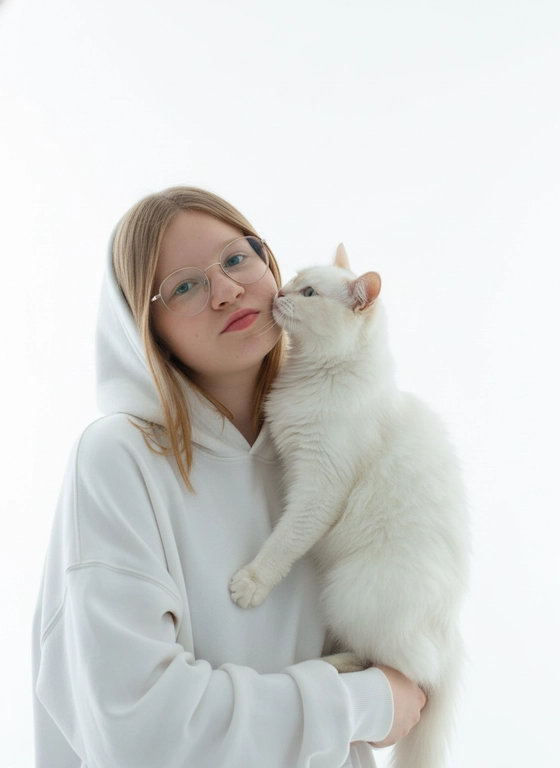 Профессиональная фэшн-фотография девочки с кошкой, накинутой на плечи, в ультравысоком разрешении, возьмите за основу прилагаемую фотографию и максимально сохраните все черты лица, девочка в очках, сохранив точные черты лица, цвет глаз, волос и тон кожи по образцу, портрет крупным планом с низкий угол обзора с четким фокусом на лице и кошке, мягкое рассеянное студийное освещение, создающее приятное сияние и тонкие тени, чистый белый фон, создающий атмосферу минимализма, белая толстовка с капюшоном большого размера с мягкой текстурой ткани, распущенные волосы, игривое выражение лица, когда кошка целует ее, касаясь усами губ, безмятежное, уверенное настроение, пастельные тона. холодные тона с преобладанием белого и нейтральных оттенков, стиль редакционной съе...

#животные #студия #тренды #иисервис