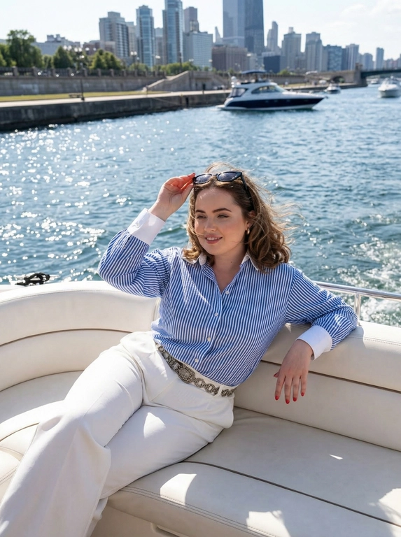 Это модный снимок, сделанный в солнечный день. Женщина расположена на борту движущейся лодки, возможно, катера или яхты. На заднем плане видны городские здания, набережная и другие лодки. Вода слегка поблескивает на солнце.

На женщине надета полосатая голубая рубашка с длинными рукавами и белыми манжетами, застегнутая на пуговицы, и белые широкие брюки. Талию подчеркивает тонкий ремень, состоящий из множества декоративных элементов. На глазах у нее солнцезащитные очки темного цвета.

Она полулежит в расслабленной позе на сиденье лодки, слегка опираясь на спинку. Одна рука поднята к голове, возможно, поправляет очки или волосы, другая просто лежит на сиденье.

Общая атмосфера снимка передает ощущение роскоши, отдыха и летнего настроения. Цветовая гамма преимущественно светлая и свежая, с преобладанием белого, голубого и бежевого цветов.