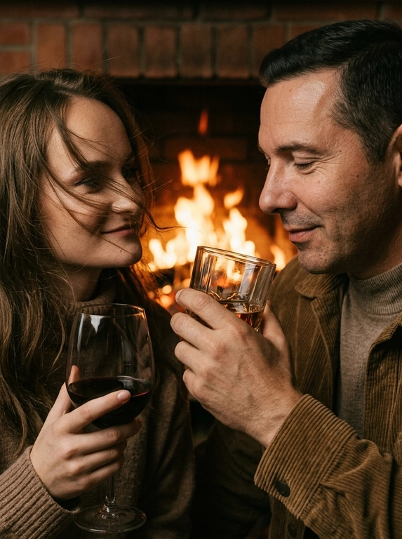 Don't change facial features. A dramatic close-up of a couple against a fireplace: the man on the right, in profile, with half-downcast eyes, looks at a glass in his hand with a slight smile; the woman on the left, holding a glass of wine, looks at her husband. The wind tousles the woman's hair, strands partially covering her face, adding dynamism. Stylish autumn clothes without accents. The woman with a slight smile. The atmosphere is intimate, cinematic, and emotional. Highly detailed skin, natural texture, soft shadows, and muted highlights. Film effect with pronounced grain, matte shadows, Kodak Portra 400 processing. Shot on 85mm in a trendy editorial style.