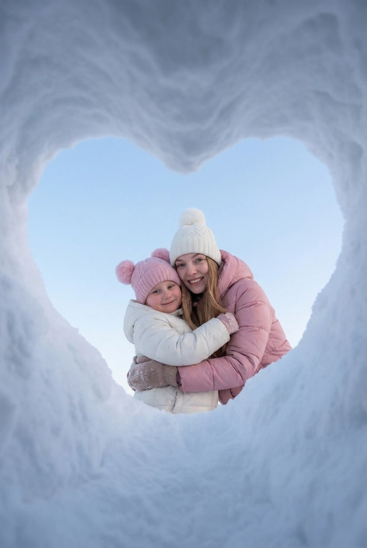 Фотография этой пары, снятая снизу вверх через отверстие в снегу в форме сердца. Камера находится в снежной нише, края кадра — плотный белый снег, образующий чёткое сердце. В центре кадра двое человек из референса, обнимающие друг к друга, смотрят прямо в камеру. Люди одеты по-зимнему.   Их одежда стильная и современная. Они улыбаются, лица хорошо видно. 
Фон — чистое светло-голубое зимнее небо без облаков. Естественный дневной свет, мягкие холодные оттенки, высокая детализация снега и ткани одежды. Атмосфера — уют, любовь, спонтанный зимний момент. Реалистичная фотография, без искажений лиц, фокус на людях, эффект живого кадра, как с экшн-камеры или смартфона, вертикальный формат. Женщина одета в розовый пуховик и белую шапку с помпоном, девочка в розовую шапку с двумя помпонами, белый пуховик.
