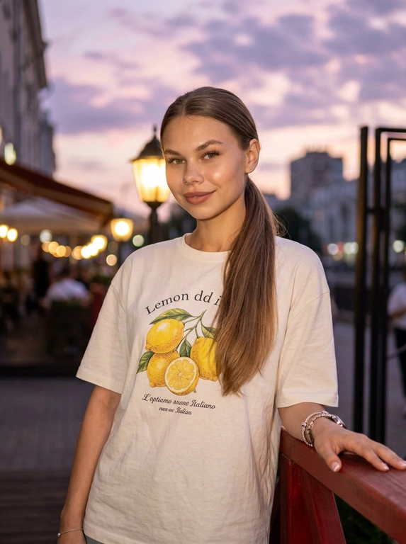 Девушка на вечерней террасе у красного перила