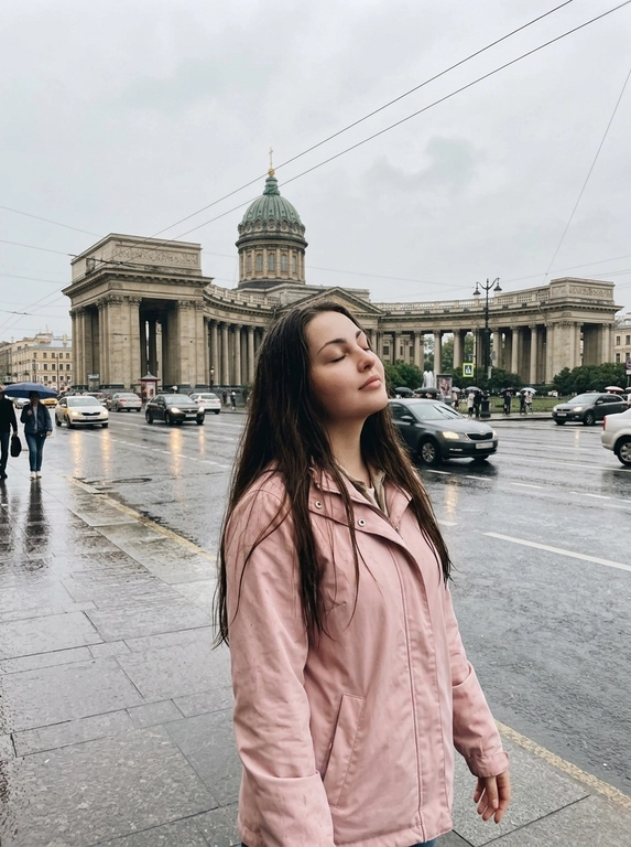 Максимально реалистичная уличная фотография в Санкт-Петербурге после дождя. 

Модель стоит на мокром тротуаре перед Казанским собором. Кадр выглядит как случайная фотография, сделанная прохожим: модель находится чуть правее центра, а собор с куполом и колоннадой крупно заполняет задний план. Над улицей видны провода, по дороге проезжают автомобили, вокруг идут прохожие с зонтами. Мокрый асфальт отражает фары, светлое небо и городские здания.

Поза полностью естественная и спокойная: модель стоит вполоборота к камере, корпус слегка развёрнут в сторону улицы, плечи расслаблены, руки свободно опущены вдоль тела. Голова мягко запрокинута назад и немного повёрнута в профиль. Глаза закрыты, подбородок слегка приподнят, губы расслаблены. Выражение лица спокойное, будто модель на секунду остановилась и почувствовала прохладный воздух после дождя.

Камера расположена примерно на уровне груди модели, съёмка ведётся с небольшого расстояния. Средний план до середины бёдер. Используется умеренно широкий угол, поэтому в кадре одновременно хорошо видны модель, мокрая улица, автомобили, прохожие и архитектура собора. Фон не размывать. Допустима только лёгкая естественная мягкость из-за дождливой погоды и движения городского транспорта.

Освещение пасмурное, ровное и рассеянное, без жёстких теней. Лицо освещено мягко и естественно. На коже сохраняется натуральная текстура с видимыми порами, без ретуши, пластикового эффекта и бьюти-фильтров.

Цветокоррекция приглушённая и плёночная, с преобладанием серо-коричневых, оливковых, бежевых и глубоких бордовых оттенков. Небо светло-серое, камень собора тёплый и немного выцветший, мокрая дорога холодная и графитовая. Мягкий контраст, слегка поднятые чёрные, приглушённые светлые участки, естественная зернистость и лёгкая винтажная фактура.

Снято на iPhone 17 Pro в формате RAW, вертикальный кадр 3:4, документальная городская фотография, случайно пойманный момент, реалистичные пропорции, натуральная перспектива, лёгкое плёночное зерно. Без HDR, без искусственного глянца, без чрезмерной резкости, без кинематографического синего оттенка, без CGI и без AI-эффекта.


Какая будет одежда?: Нежно розовая куртка