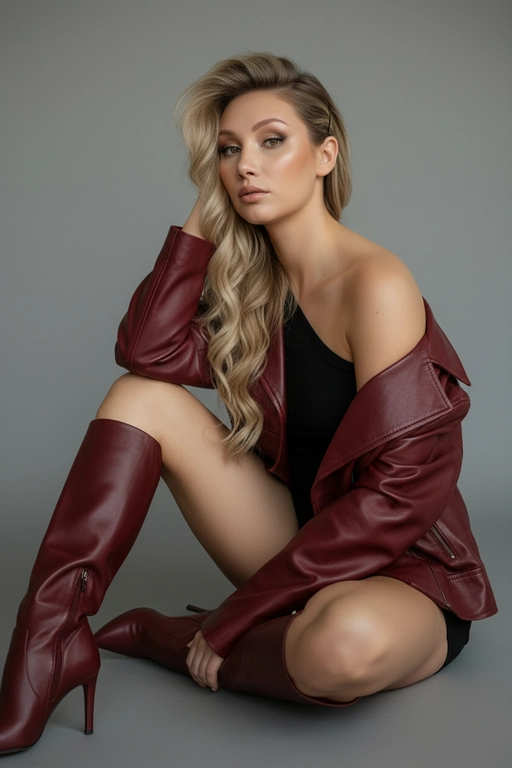 Максимально сохрани внешность и черты лица. Модный портрет уверенной в себе женщины, сидящей на полу студии в свободной тёмно-красной кожаной куртке (которая спадает с одного плеча, открывая плечо), под кожаной курткой — чёрный топ, и подходящих к ней высоких сапогах на шпильке; очень короткие шорты, которых не видно. Минималистичный фон в нейтральных серых тонах, мягкое студийное освещение, естественный гламурный макияж с едва заметными контурами, непринуждённо-шикарная поза, современная эстетика высокой моды, редакционный стиль Vogue, ультрареалистичная фотография 8K, кинематографичный тон, сбалансированная композиция, утончённое и минималистичное настроение. Голова опирается на руку. Не меняй черты лица.


Волнистые волосы, собранные с одной стороны чёрным зажимом.