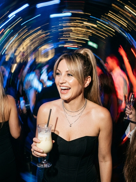 Фотореалистичный, хаотичный и откровенный кадр в стиле папарацци, снятый с прямой резкой вспышкой в переполненном элитном НОЧНОМ клубе. Великолепная роскошная женщина искренне смеется, держа в руке изящный бокал с коктейлем Пина Колада. На ней черный матовый корсет без бретелей и стильные серебряные аксессуары.
Главная особенность кадра: художественный эффект размытого движения (motion blur) на фоне. Ночные огни превращаются в живописные длинные световые треки и полосы насыщенного синего и теплого желтого цвета, создавая динамичный кадр света вокруг её четкой фигуры.
Объемный холодный свет. Текстура зернистой пленки (film grain), сырая энергия, атмосфера бурной ночной вечеринки, высокая детализация кожи и ткани.
-ar 4:5 -style raw


Какая будет прическа?: Гладкий высокий хвост и длинная челка-шторка, обрамляющая лицо.